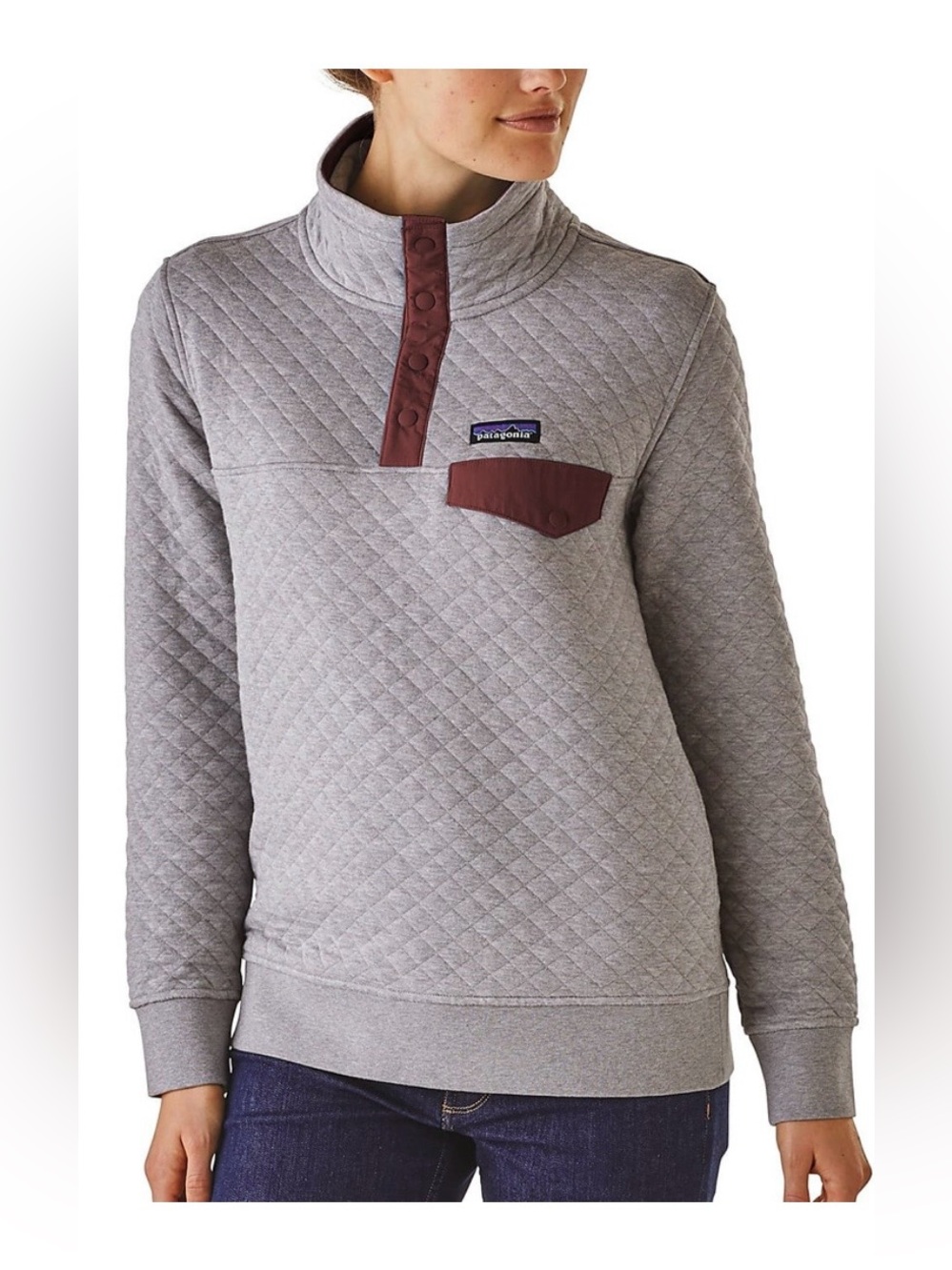 Patagonia Organic Cotton Quilted Sweatshirt - Light Gray w Maroon Trim, Sz Small
